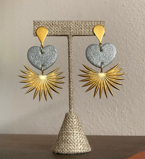 Silver & Gold Heart Sunburst Post Earrings