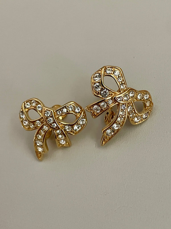 Vintage Clip-On Monet Rhinestone Bow Earrings